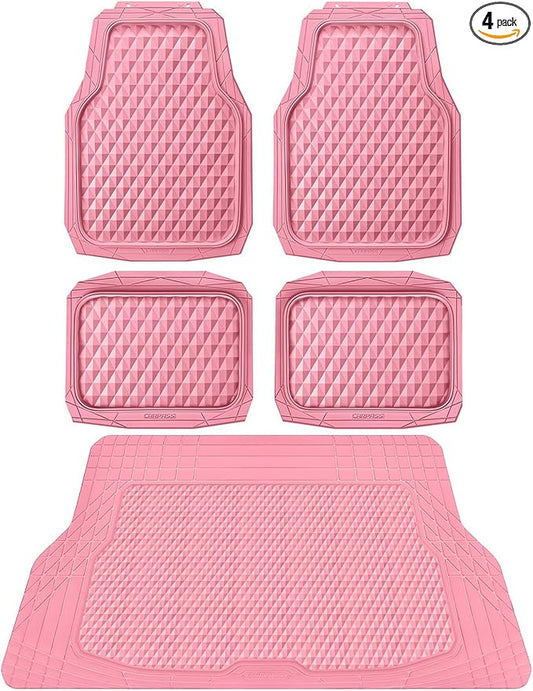CAR PASS Heavy Duty Rubber Pink Car Floor Mats & Cargo Liners, Deep Dish All-Weather Trunk Mats Durable Anti-Slip 3D Rhombus Waterproof Trim to Fit Liner Universal Fit Auto,Sedan,SUV,Truck, Pink