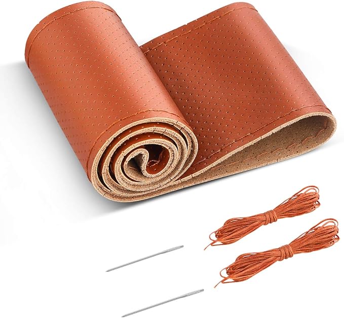 Belinous Perforated Leather Car Steering Wheel Cover (Size M5, Brown) | Stitch On Wrap, Universal fit 13-20 Inch, Whole Piece of Cowhide, DIY w/Needle Thread, Breathable Anti-Slip Design