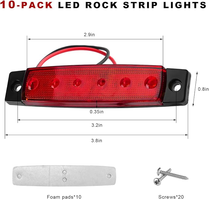 10 PCS Car LED Rock Strip Lights, 3.8" 6 LED Shockproof Thin Line Side Marker Clearance Light, Waterproof Exterior Underglow Wheel Fender Well Lighting Kit for Most Vehicles (Red)