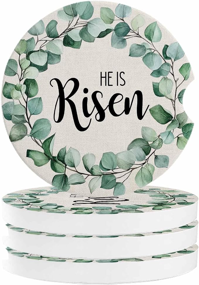 Car Coasters for Cup Holders 2.6"Dia Absorbent Coasters Set of 4 Car Interior Accessories for Women Men Spring Summer Eucalyptus Leaves Linen Bottom Ceramic Car Coaster for Drinks with Finger Grooves
