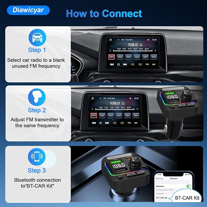 63W FM Transmitter Bluetooth Car Adapter, Wireless FM Bluetooth Transmitter | [PD 45W & QC3.0] Fast Charge, Deep Bass Player, Hands-Free Calling, Black