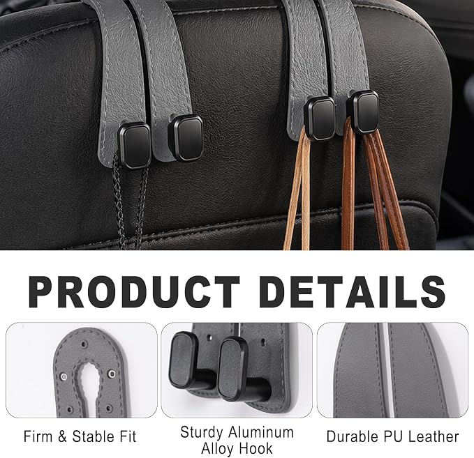 Headrest Hooks for Car 2 Pack, Upgraded Double Metal Hooks with Leather Cover, Car Seat Back Storage Organizer with Anti-Drop Design, for Purses, Handbags, Coats, Groceries (style2)