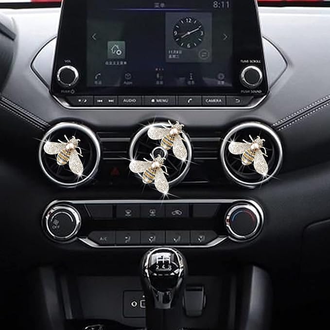 Shiny Bee Vent Clips, Crystal Bee Air Freshener Vent Clip Car Bling Interior Decoration Rhinestone Car Bling Accessories (Silver)