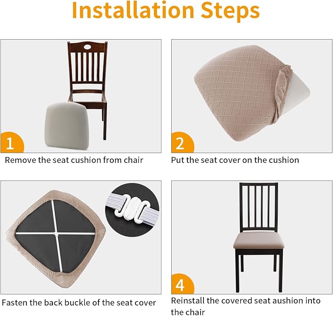 Fuloon Waterproof Seat Cushion Covers 4 PCS, Stretch Jacquard Chair Seat Covers Washable Dining Room Chair Slipcovers Removable Kitchen Cushion Protector (4, Waterproof-Khaki)