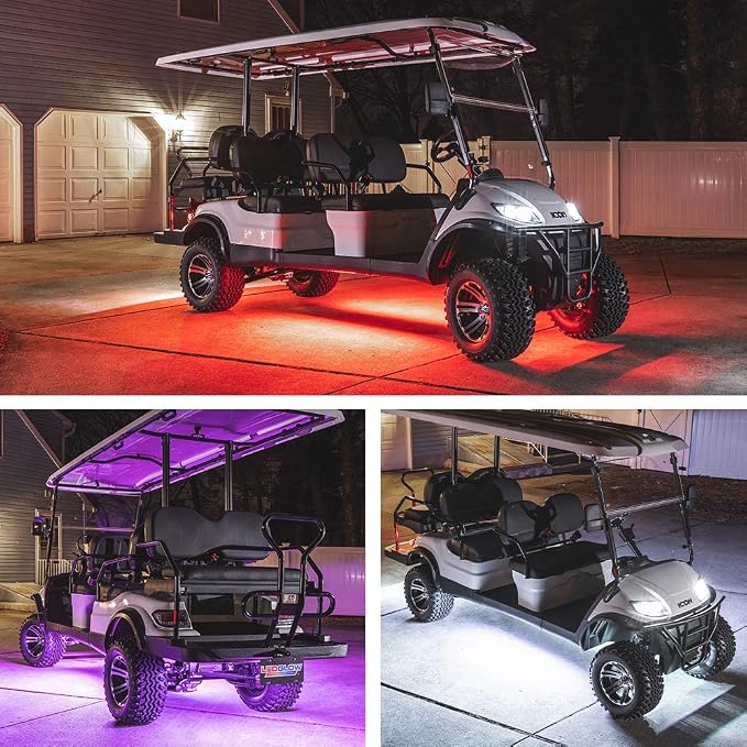 LEDGlow 4pc Million Color LED Golf Cart Underglow Kit for 12V 6-Seater | Accent Neon Lights Fit EZGO Yamaha Club Car ICON, Multi-Color Water Resistant Flex Tubes, 10 Solid Colors, 16 Modes
