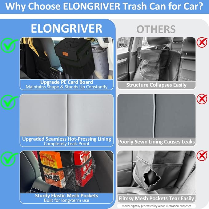 ELONGRIVER Car Trash Can Bin for Back Seat Leak Proof, Cute Car Trash Bag Hanging, Vehicle Trash Can for SUV Truck Van, Automotive Garbage Cans Front Seat Black