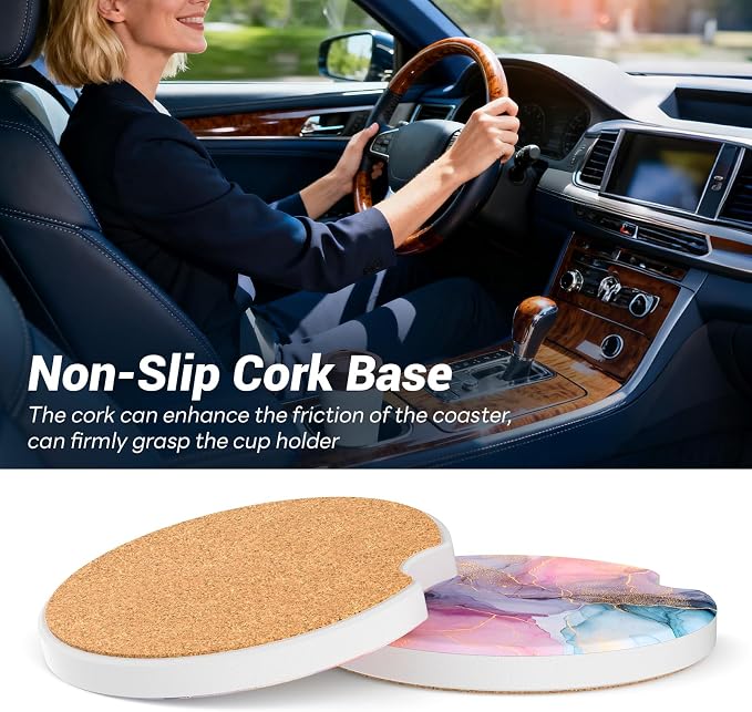 Car Cup Holder Ceramic Coasters 2 Pack, 2.56 in Anti Slip Absorbent Coaster with Cork Base and Finger Notch, Funny Cute Car Accessories Interior for Women, Fantasy Stone