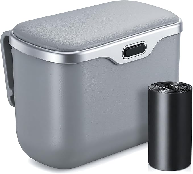 Car Trash Can with Lid, Leakproof Auto Garbage Bin, Hanging Mini Vehicle Trash Bin, Essentials Interior Car Accessories for Organizer, Vehicle Garbage Can for SUV, Truck, Auto (Grey)