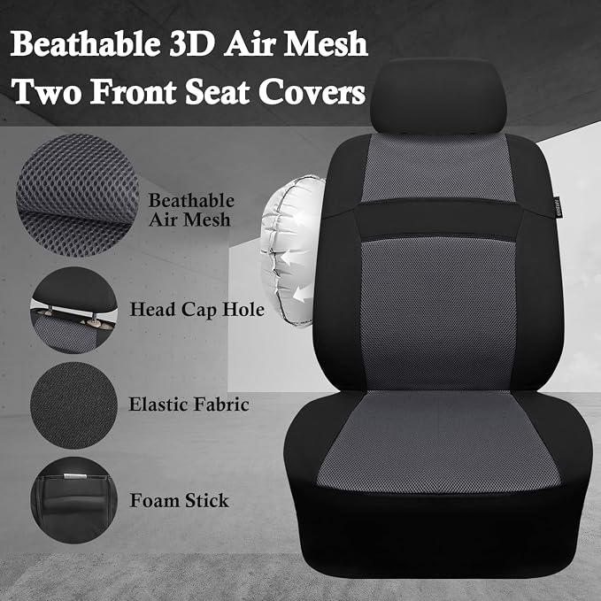 CAR PASS Air Mesh Car Seat Covers Front Seats Only, Universal Seat Covers for Car Fit SUV,Vans,Sedan,Trucks, Breathable Automotive Interior Seat Covers Airbag Compatible (Black Charcoal Gray)
