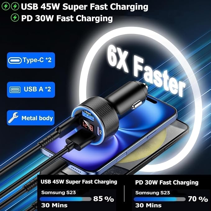 131W Car Charger Super Fast Charging Cigarette Lighter USB Phone Accessories Charger Adapter with QC USB c Type c PD Universal Quick Charge Multi 4 Port for 12-24v Car Cigarette Lighter Plug