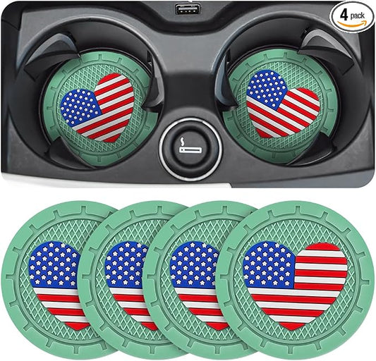 AUCELI 4 Pack Car Cup Holder Coasters, Colored American Flag US Flag Insert Car Cup Coaster, 2.75 Inch Anti Slip Shockproof Embedded Drink Mat, Vehicle Interior Decor Accessories