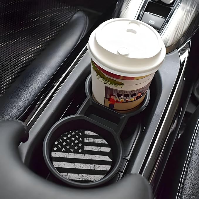 Black White American Flag Absorbent Ceramic Car Coasters for Cup Holders, 2.56" Anti Slip Insert Cup Coasters for Women Men (2 PCS)