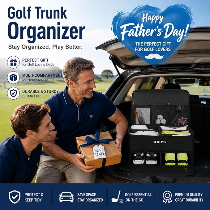 YOREPEK Golf Gifts for Men, 2 Layer Golf Trunk Organizer for 2 Pair Shoes | Waterproof Car Trunk Locker with Separate Ventilated Compartment for Balls, Tees, Clothes, Gloves, Birthday Gifts for Golfers