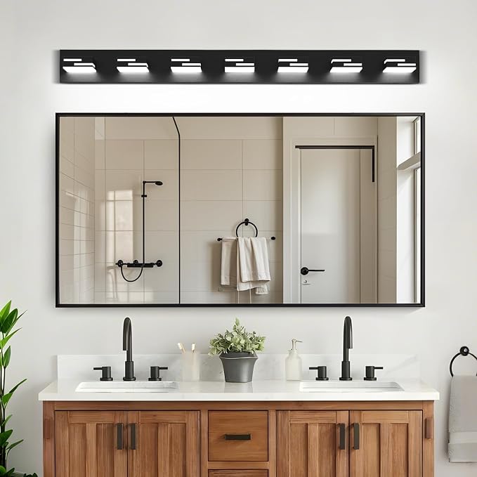 LED Modern Bathroom Vanity Light Fixtures, Dimmable Matte Black Vanity Lights for Bathroom Lighting Fixtures Over Mirror, with 360° Rotatable Acrylic Heads 7-Light 48-inch (Cool White 6000K)