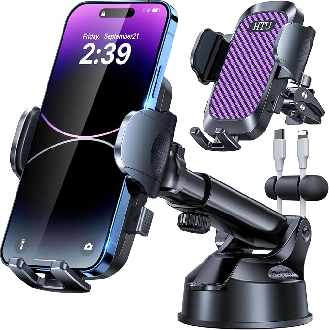HTU 2026 Ultimate Best【True Military-Grade & Safety Cert】 Car Phone Holder | 【Upgrade 360 Rotation & 100LBS Strongest Suction】5-in-1 Truck Windshield Dashboard Vent Mount Stand for iPhone Android,Purple