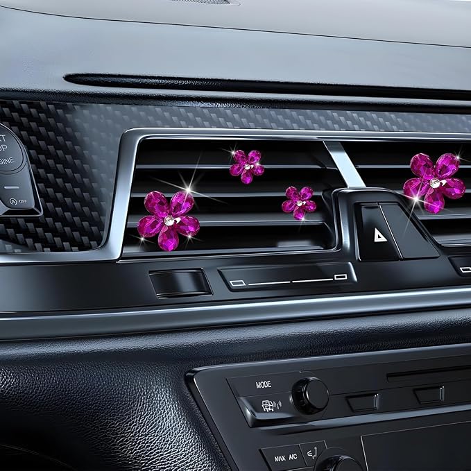 5PCS Bling Flower Car Air Vent Clips, Crystal Rhinestone Vehicle Air Conditioning Outlet Clip, Diamond Automotive Interior Decoration Charm, Universal for Automobile RV Truck (Rose Red)