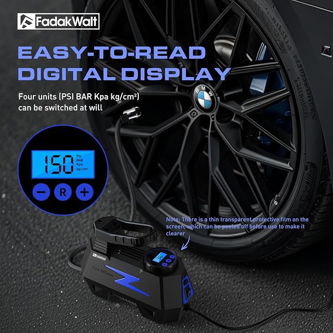 FADAKWALT Tire Inflator Portable Air Compressor, 12V DC Car Air Pump with Auto Shutoff, 150 PSI Digital Gauge, LED Light, Metal Valve Connector, Accessories for Cars, Blue