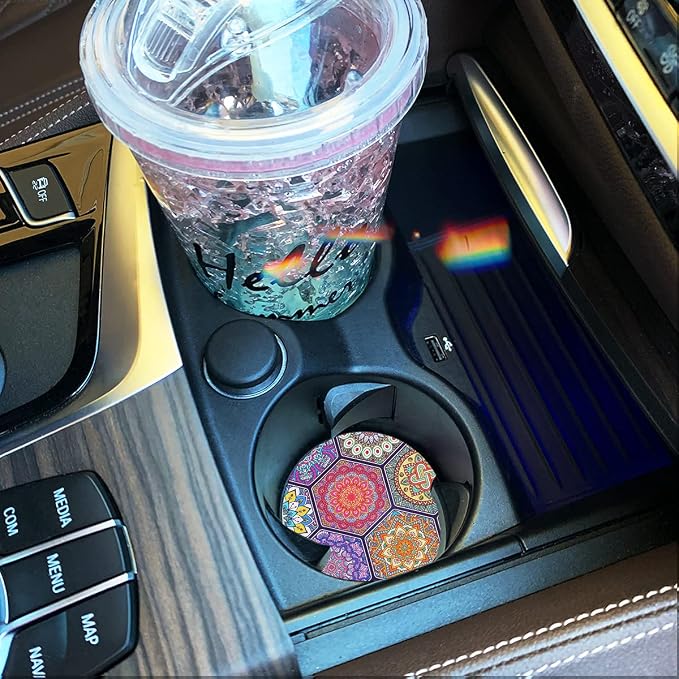 Mandala Ceramic Coasters 2 Pack, 2.56 inch Absorbent - Protect Car Cup Holders & Keep Your Car Clean