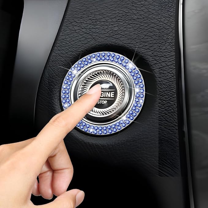 Bling Car Engine Start Ring Decals, 2PCS Sparkling Crystal Rhinestone Vehicle Push to Start Button Sticker, Diamond Auto Key Ignition Knob Decorative Ring, Universal for Vehicles (Light Blue)