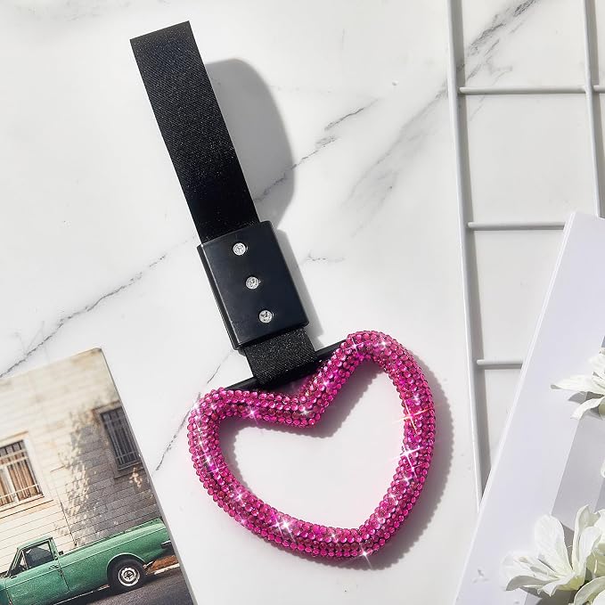 Fabbay Bling Car Accessories Bling Heart Handle Ring Car Accessory for Women Hearts Hand Strap Drift Charm Rear Bumper Warning Ring Decor for Auto Interior Exterior Decoration(Hot Pink,Heart Style)
