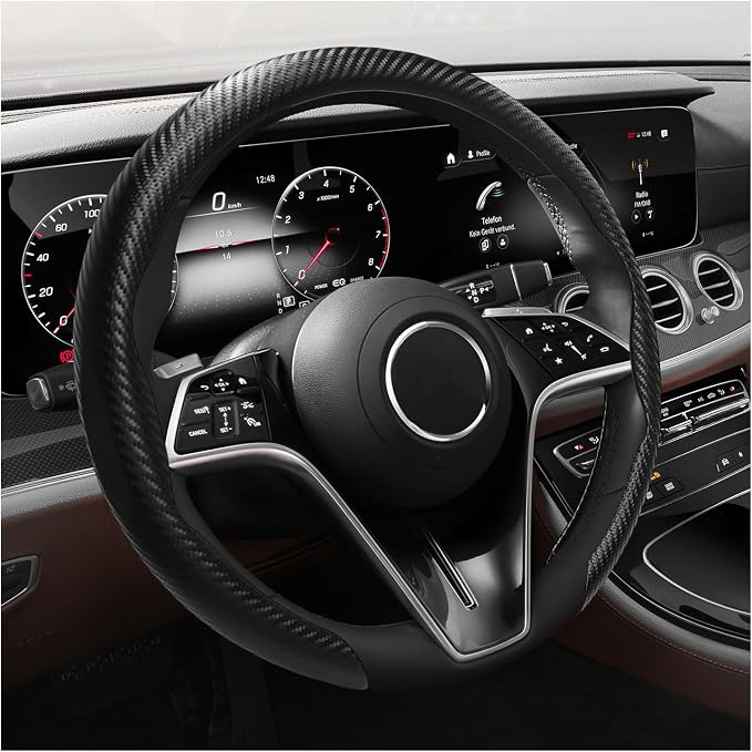 Steering Wheel Cover, 15 Inch Anti-Slip Breathable Steering Wheel Protector Auto Interior Decor, Heat-Resistant Comfort Grip Wheel Cover Universal for Most Cars Trucks SUVs (Carbon Fiber Black)