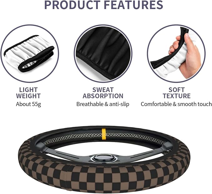 Checkered Black Brown Steering Wheel Cover Black Brown Checkered Steering Wheel Cover Anti-Slip Breathable for 15 in Universal 2 Pcs Car Interior Cup Holder Pad for Men Women