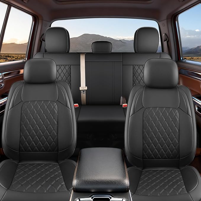 Custom Seat Covers fit for Dodge Ram 1500 2500 3500, Full Coverage Luxury Leather Ram Truck Seat Cover 2009-2025 Compatible with Crew Cab Double Quad Regular (Black, Full Set (Flat Front/Curved Rear))