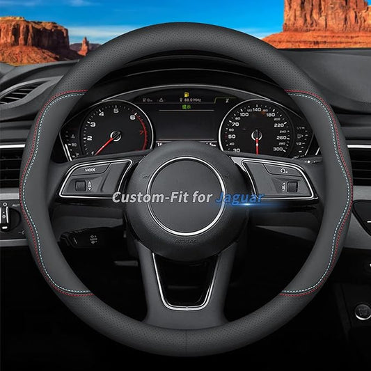 Deer Route Custom-Fit for Jaguar Steering Wheel Cover, Premium Leather Car Steering Wheel Cover with Logo, Non-Slip, Breathable, for Jaguar Accessories (A-Style,for Jaguar)