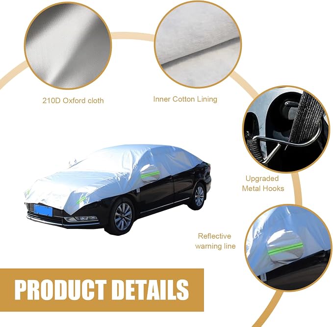 Shakas Half Car Cover, Sun Protection Heat Insulation and Anti-hail Protector for All Seasons, Oxford Velvet Thickened Waterproof Foldable Outdoor Car Cover, for Most Sedans (Silver)