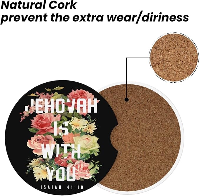 Jehovah is with You Floral Absorbent Ceramic Car Coasters 2 Pack Round Insert Cupholder Coaster Car Cup Holder Mat with Finger Notch Anti-Slip Cork Base Reusable Drink Coasters 2.56 in