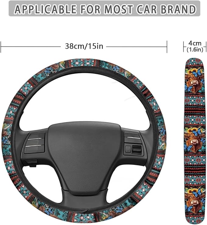 Wanyint Aztec Highland Cow Sunflower Butterfly Car Steering Wheel Cover Soft Stretch Anti-Slip Washable Car Interior Accessory Universal Fit for Car SUV Trucks