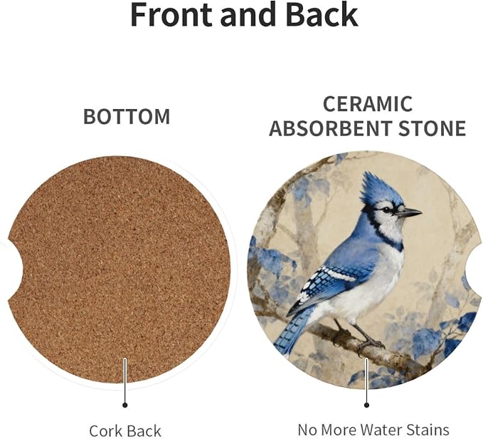 Blue Bird Tree 2 Pack Car Cup Holder Coasters Absorbent Ceramic Drink Coasters 2.56" Universal Anti Slip Cup Mat with Cork Base and Finger Notch Auto Accessories Interior for Women Men
