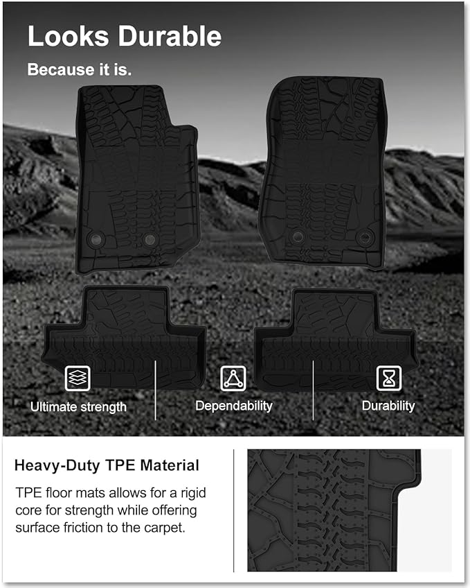 Kiwi Master Floor Mats for 2014-2017 Jeep Wrangler JK 2-Door | Custom Fit All Weather Car Mats, Heavy Duty TPE Floor Liners, Front & Rear 2 Row Set, Black