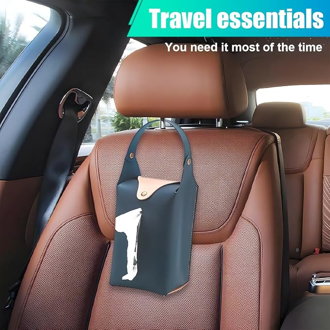 Car Tissue Holder, Large Car Headrest Hanging Tissue Box Cover, PU Leather Auto Napkin Holder, Universal Vehicle Backseat Paper Organizer for Cars Sun Visor (Blue)