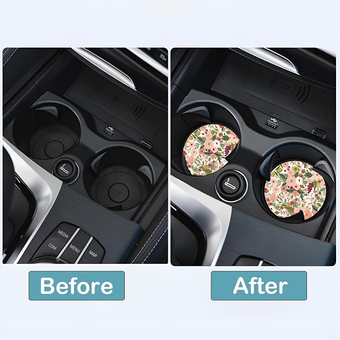 Car Cup Holder Coasters, 2 Pack – 2.75" Universal Auto Anti-Slip Insert Coaster, Rubber Car Coasters, Personalized Car Accessories for Women (Burgundy Flowers)
