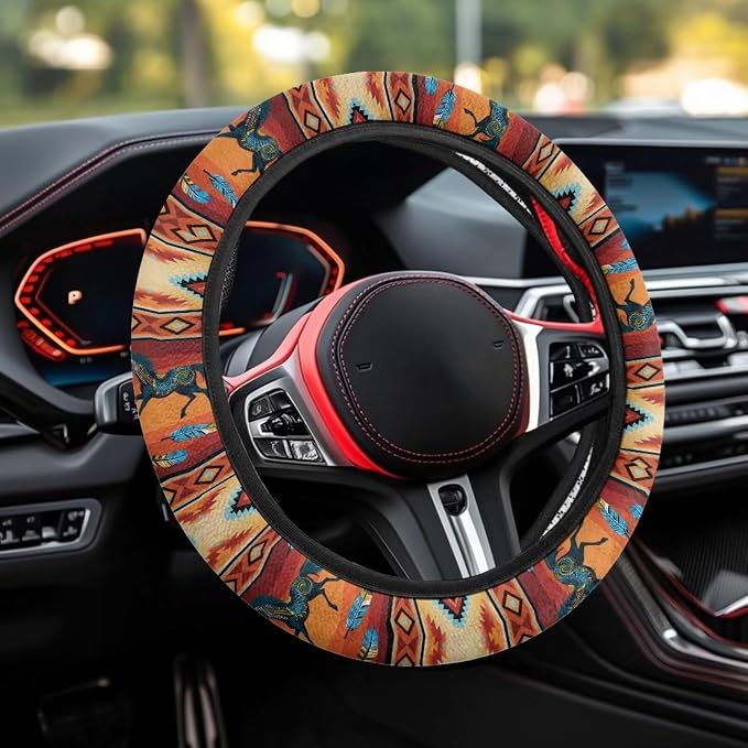 Wanyint Auto Steering Wheel Cover for Women Men, Universal 15 Inch Soft Elastic Steering Wheel Wrap Anti-Slip Easy to Install Car Accessories, Aztec Geometric Horse Orange