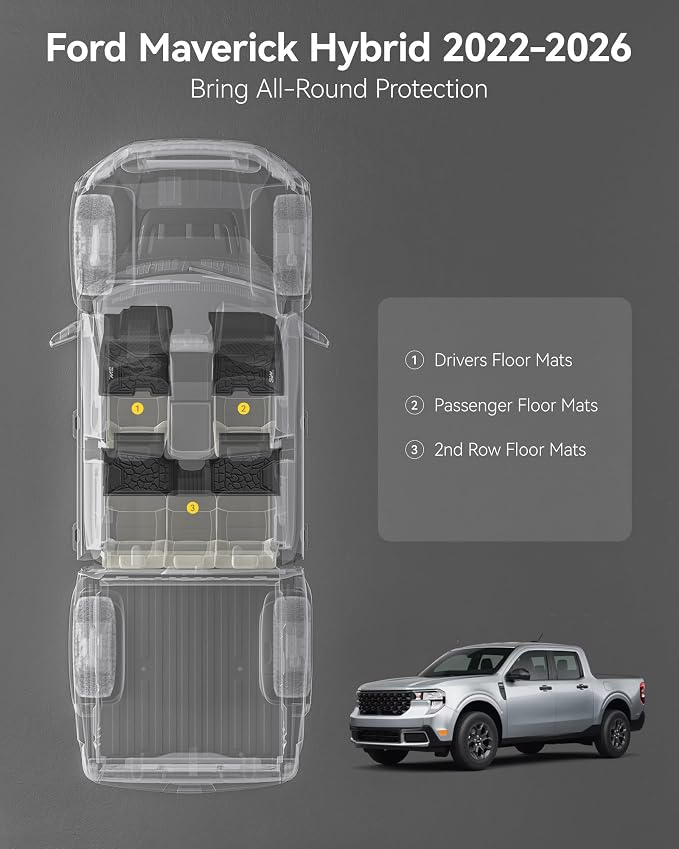 3W Floor Mats Fit for Ford Maverick Hybrid 2022-2025 2026, TPE All Weather Custom Fit Floor Liner Car Accessories 1st and 2nd Row Full Set Car Liners (Only for Hybrid)