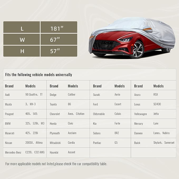 TUCAREST 6 Layers Full Car Cover for Sedan/Wagon/Coupe/Hatchback - Waterproof, Insulated, Anti-UV, Snow-Proof, Anti-Wind, All-Weather, Thickened Protection, up to 165-181 in