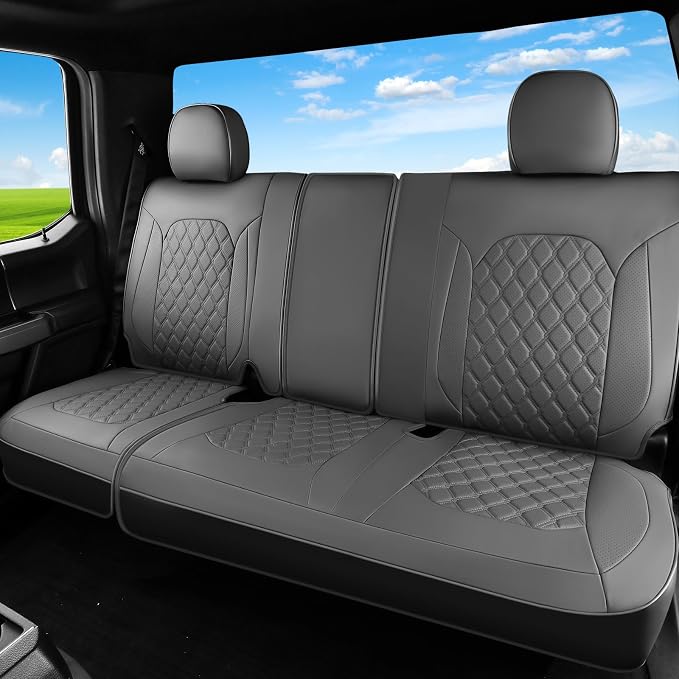 Huidasource Gray Rear Seat Covers Fit for Ford F150 2015-2026 & F250 F350 F450 2017-2026 Crew Cab XL XLT Lariat King Ranch Platinum, Nappa Leather Waterproof Rear Bench Car Seat Cover