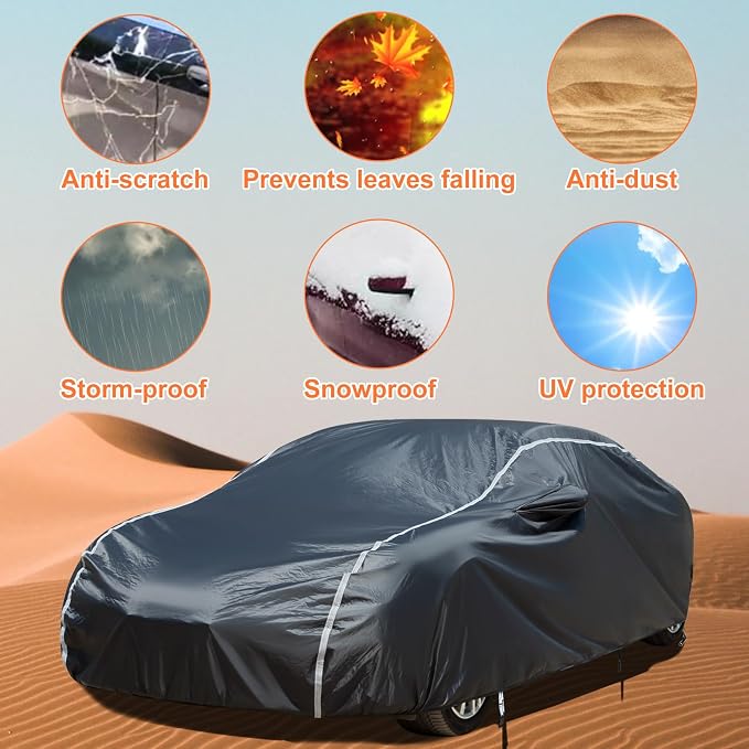 Car Cover Waterproof All Weather, Coverado Outdoor Full Exterior Covers Soft Cotton Backing Rain Uv Hail Protector Car Cover with Invisible Mirror Pocket Universal Fit for Mercedes etc (183"-193")
