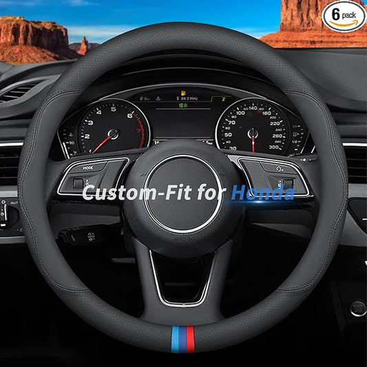 Custom-Fit for Honda Steering Wheel Cover, Premium Leather Car Steering Wheel Cover with Logo, Non-Slip, Breathable (D-Style,for Honda)