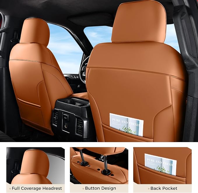 Coverado Premium Leather Front Seat Covers Waterproof Heavy-Duty Protectors Custom Fit for Ford F150 (2015-2026) F250/F350/F450 (2017-2026)-Orange, Stain-Resistant