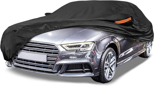 Black Heavy Duty Waterproof Car Cover for Sedan 179"-185" - All-Weather UV Protected Outdoor Full Exterior Cover with Sun/Snow/Rain Resistance