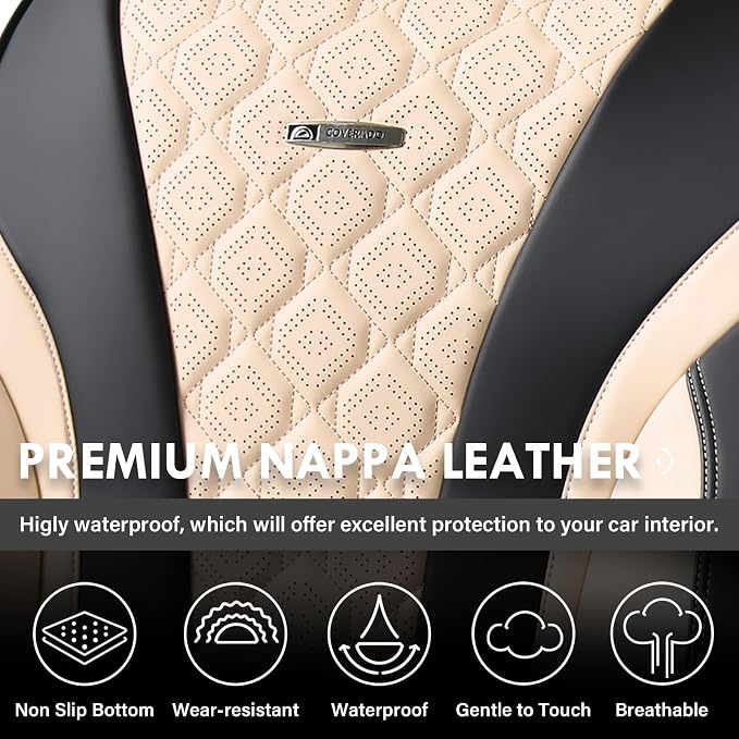 Coverado Seat Covers, Car Seat Covers Front Seats, Perforated Diamond Leather Car Seat Cover, Waterproof Car Seat Covers, 2 Pack Car Seat Protector Front Seat Cover Universal Fit Most Car, Black&Beige