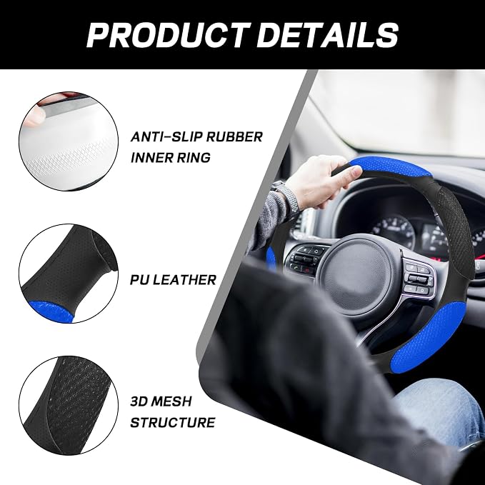 Wuyaoyao Car Steering Wheel Cover, 15 Inch PU Leather Anti-Slip Steering Wheel Covers Protector with Soft Hand Pad Cushion, Breathable & Comfortable, Universal Interior Car Accessories (Black+Blue)