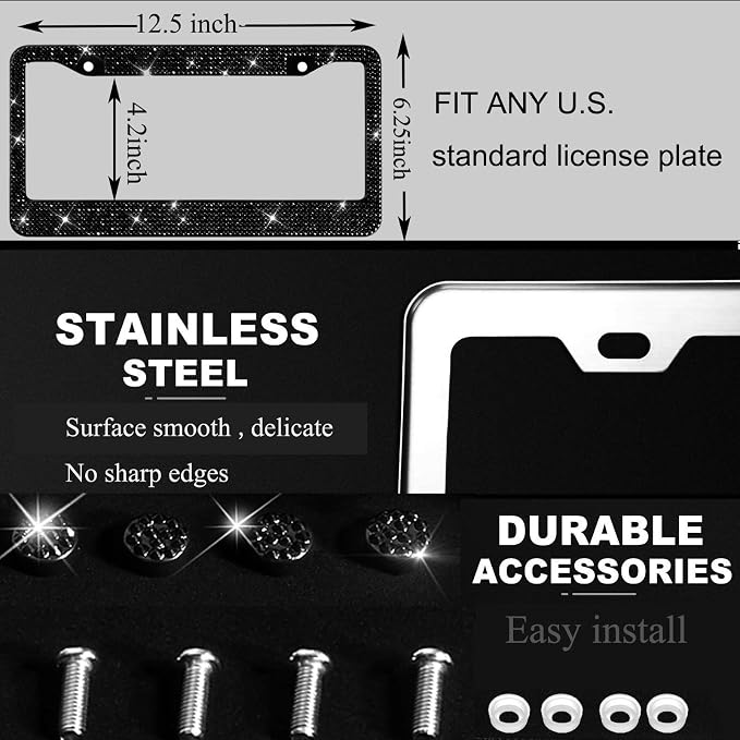 Bling License Plate Frames with High End Ribbon Gift Box,2 Pack Rhinestone License Plate Frame,Handcrafted Crystal Premium Stainless Steel Bling License Plate Frame for Women,Party,Birthday,Xms Gift