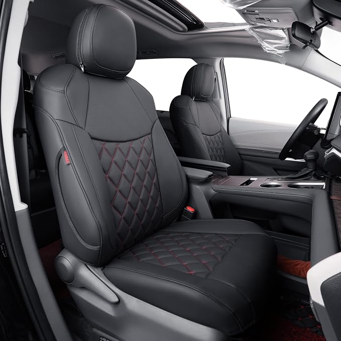 coverdream Sienna Seat Covers Custom Fit for 2021-2026 Toyota Sienna Limited,Platinum,7-Seater,2nd Row Captain Seats w/Leg Rest,Waterproof Faux Leather Car Seat Protector (Full Set,Black/Red)