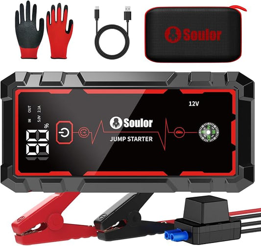 Jump Starter, Battery Jumper Starter Portable, Car Battery Jump Starter with 3 Modes Flashlight, Compass, Power Bank and Jumper Cable