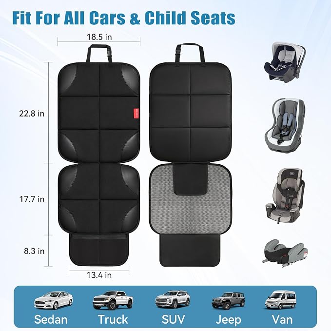 Car Seat Protector, Thick Padding and Upgraded Non-Slip Backing, 600D Waterproof Fabric Child Car Seat Cover with Mesh Pockets, No Imprints, Universal Fit for Car SUV Truck (Black 2pcs)