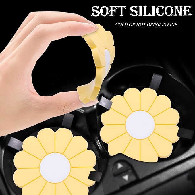 2-Pack Car Cup Holder Coaster Inserts, Daisy Shape, 2.75 Inch Non-Slip Silicone Cup Holder Insert, Universal Non-Slip Cup Holders, Car Accessories Interior for Women and Man (Yellow)